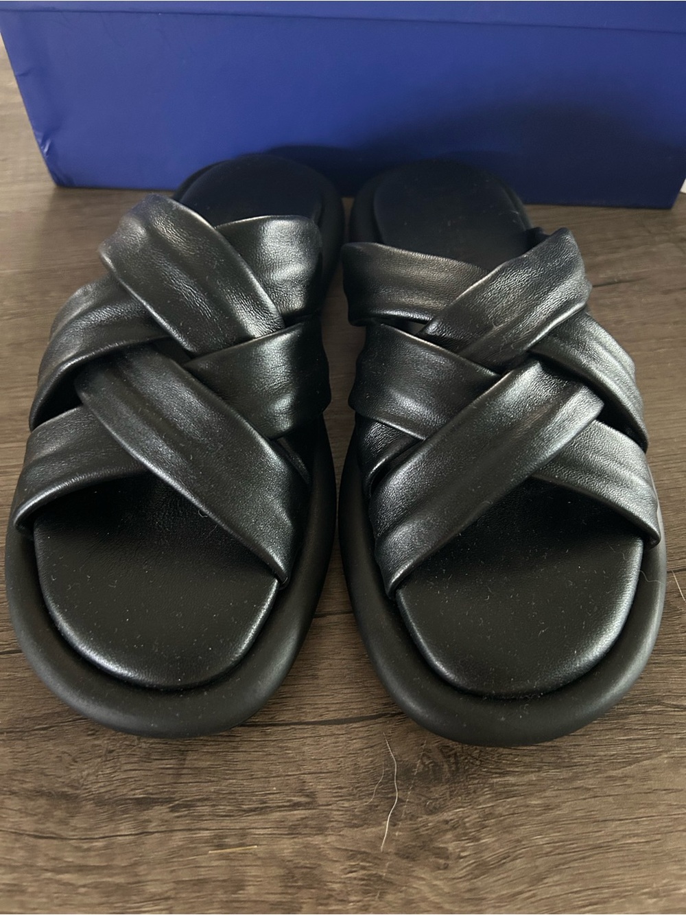 ITaleau Black Crisscross Slide Sandals in black leather